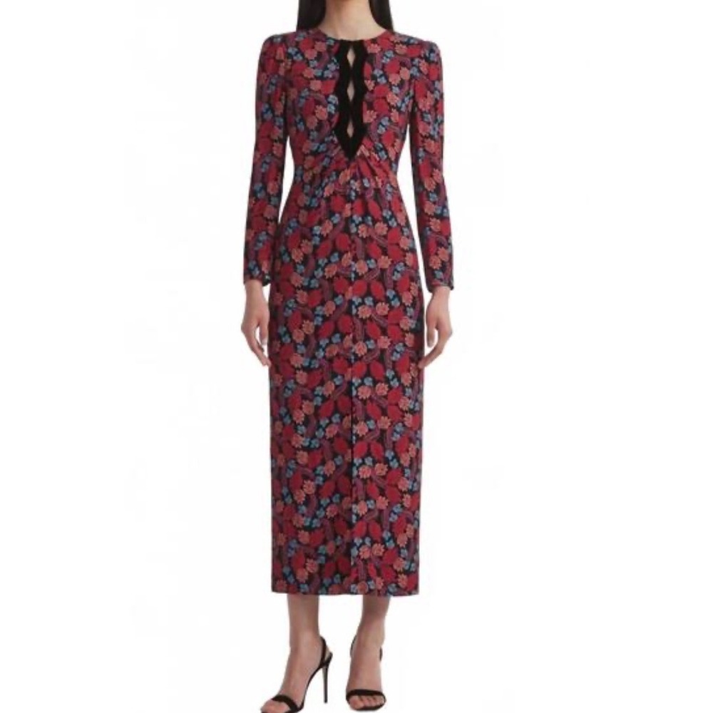 Saloni Follium Rouge Jinx C Maxi Dress Floral Velvet Trim Womens Sz 2